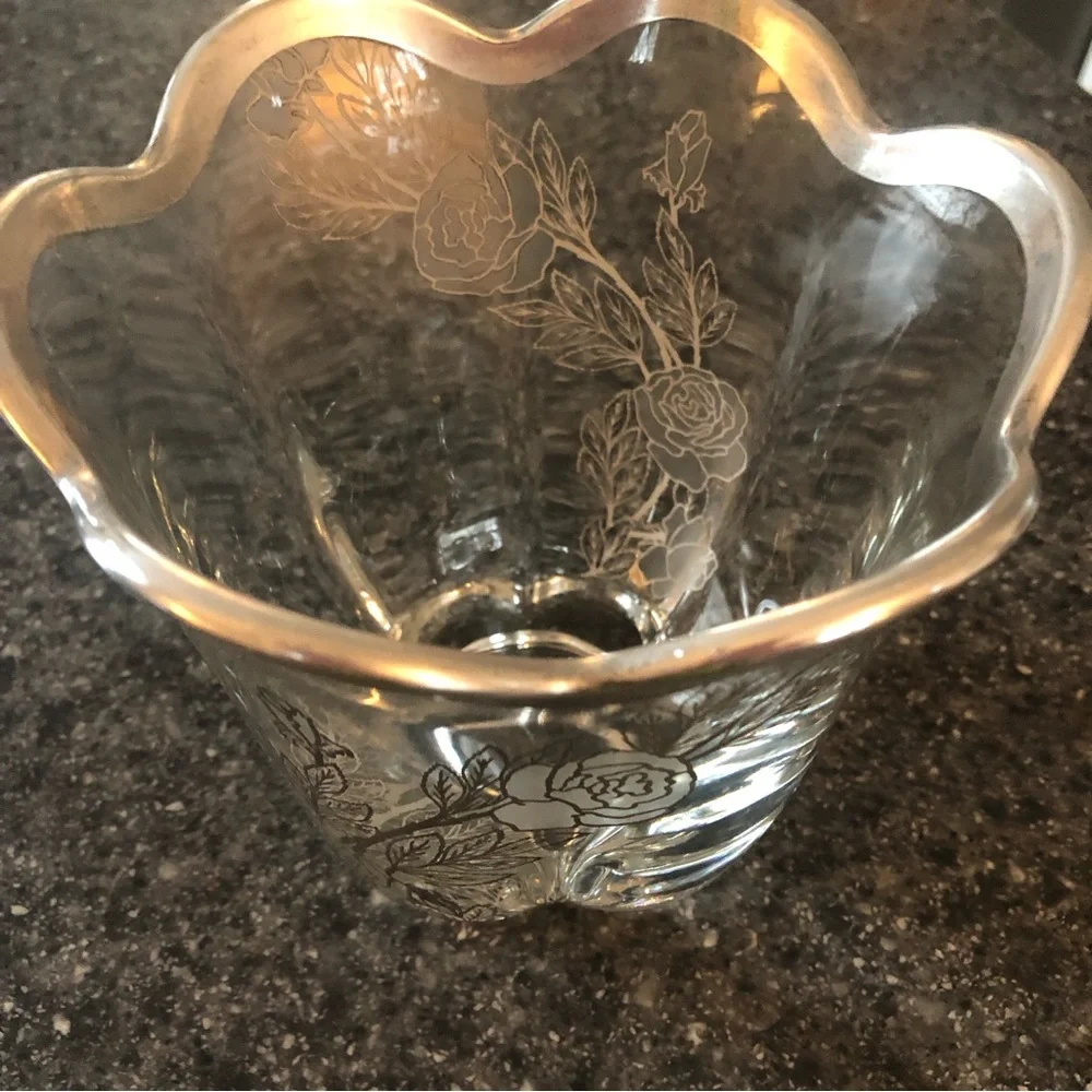 Vintage Vase edged in Sterling Silver with Sterling Silver Flowers